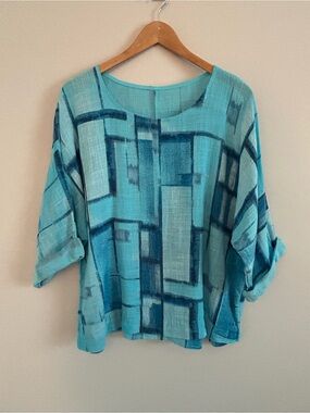 Italian Boutique 100% Cotton Aqua Abstract Roll Sleeve Tunic Top OS